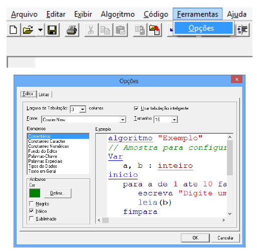 menu ferramentas visualg 