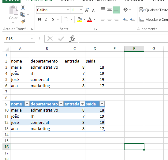 Tabela em excel